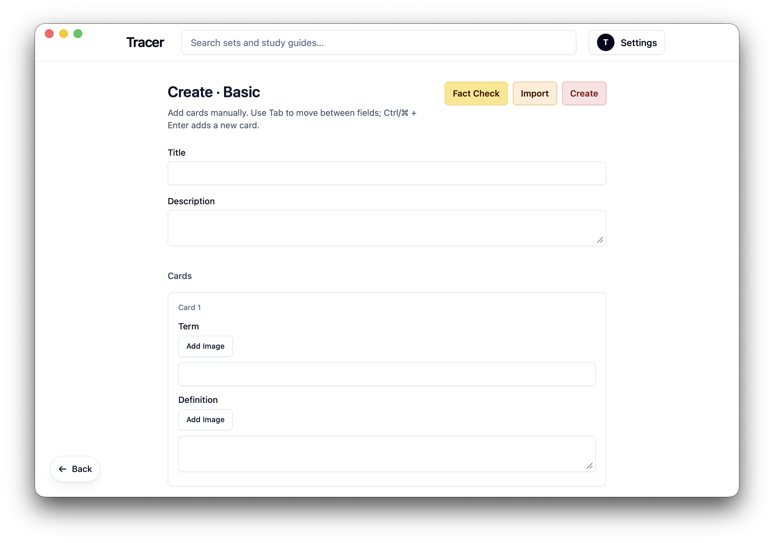 Tracer basic flashcard creation screen