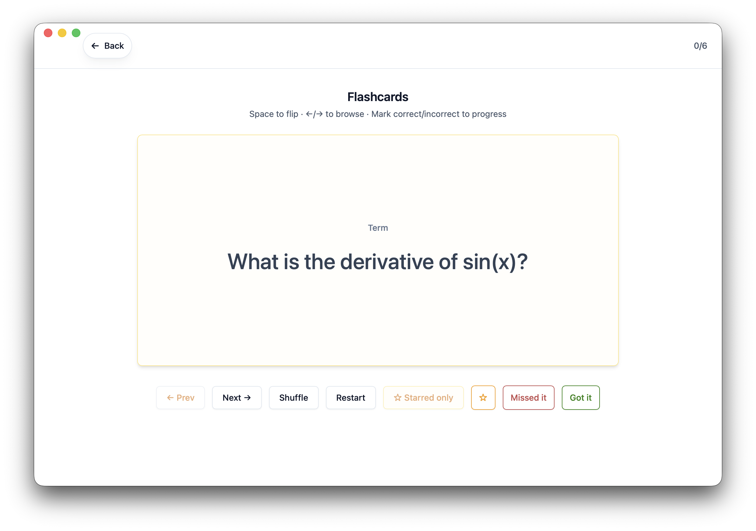 Tracer full-screen flashcards view