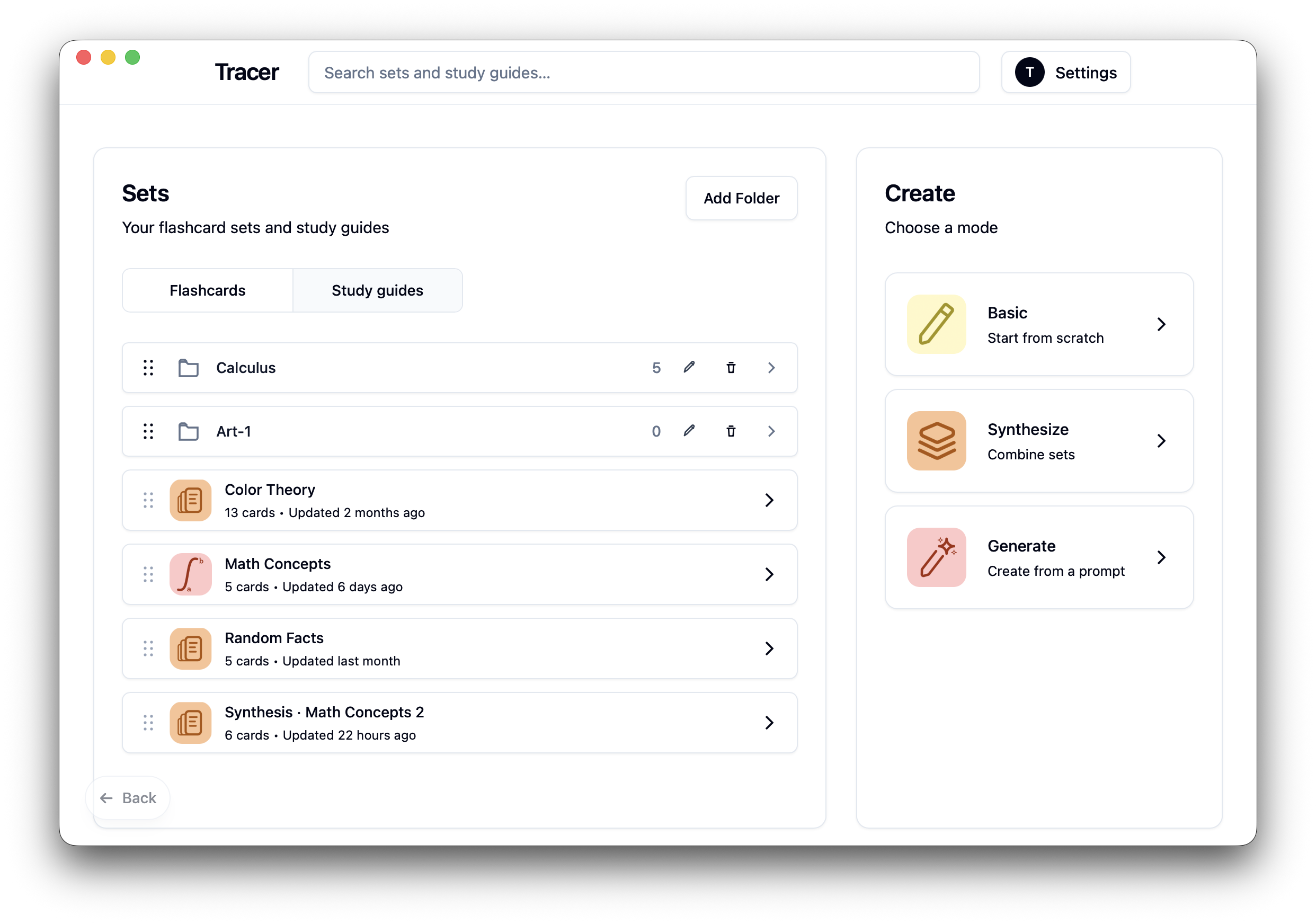 Tracer study app dashboard with AI flashcards and study tools