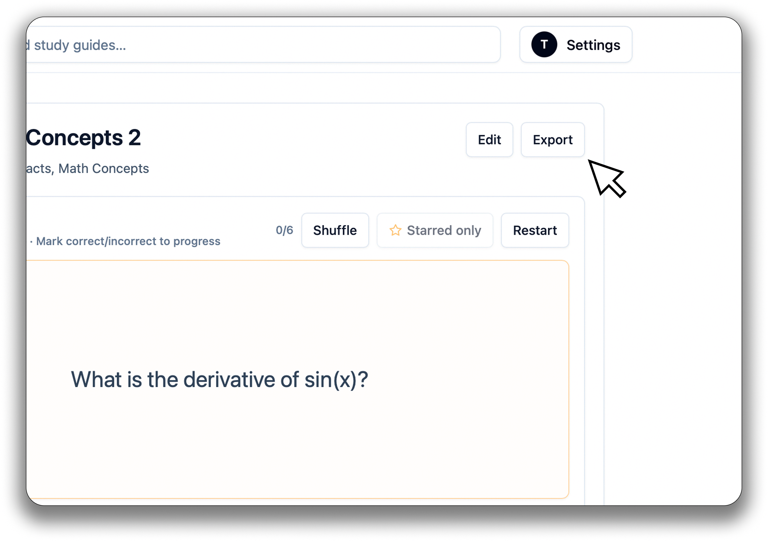 Tracer flashcard sharing screen
