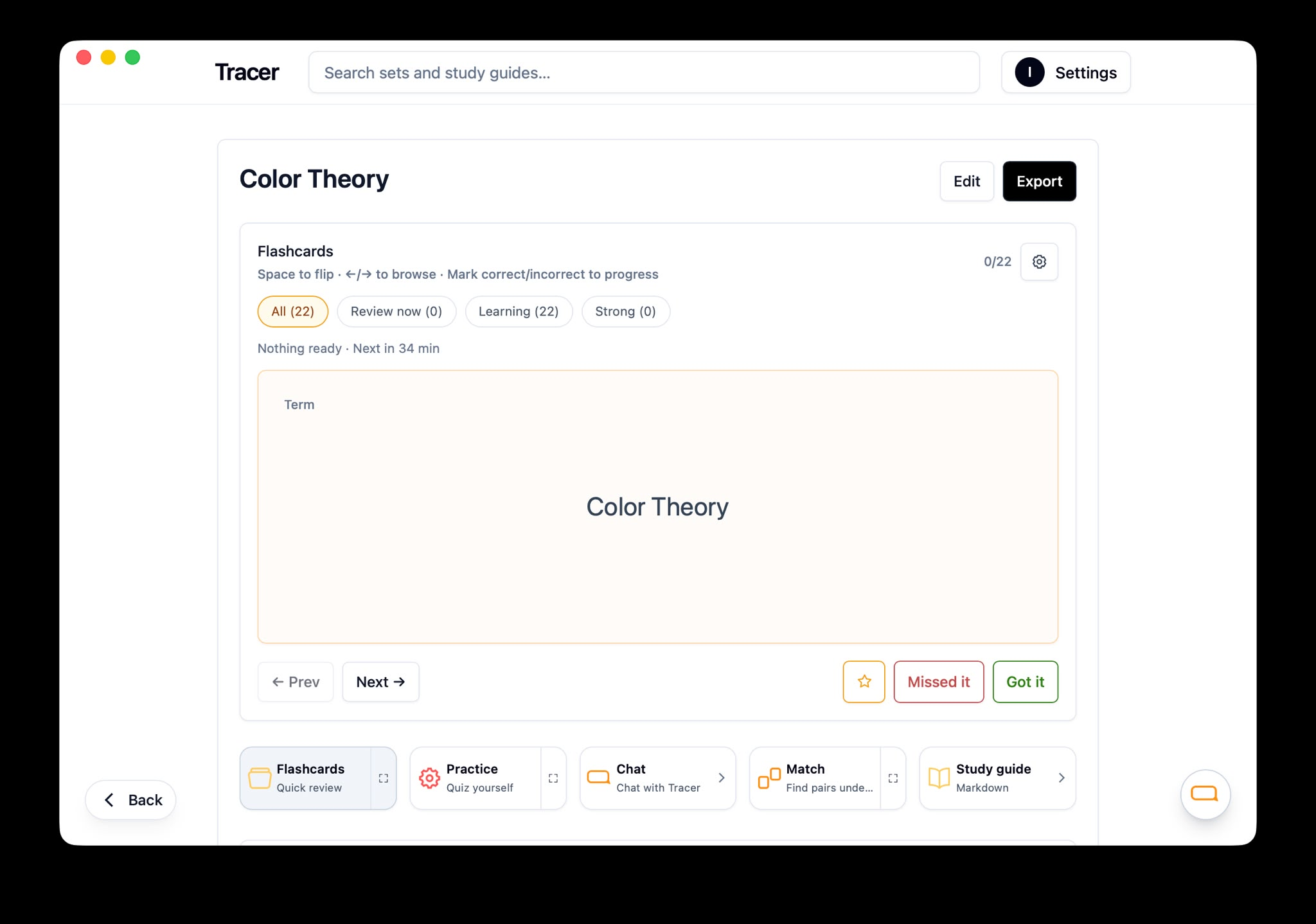 Tracer Smart Review flashcards with review scheduling and Learning and Strong filters