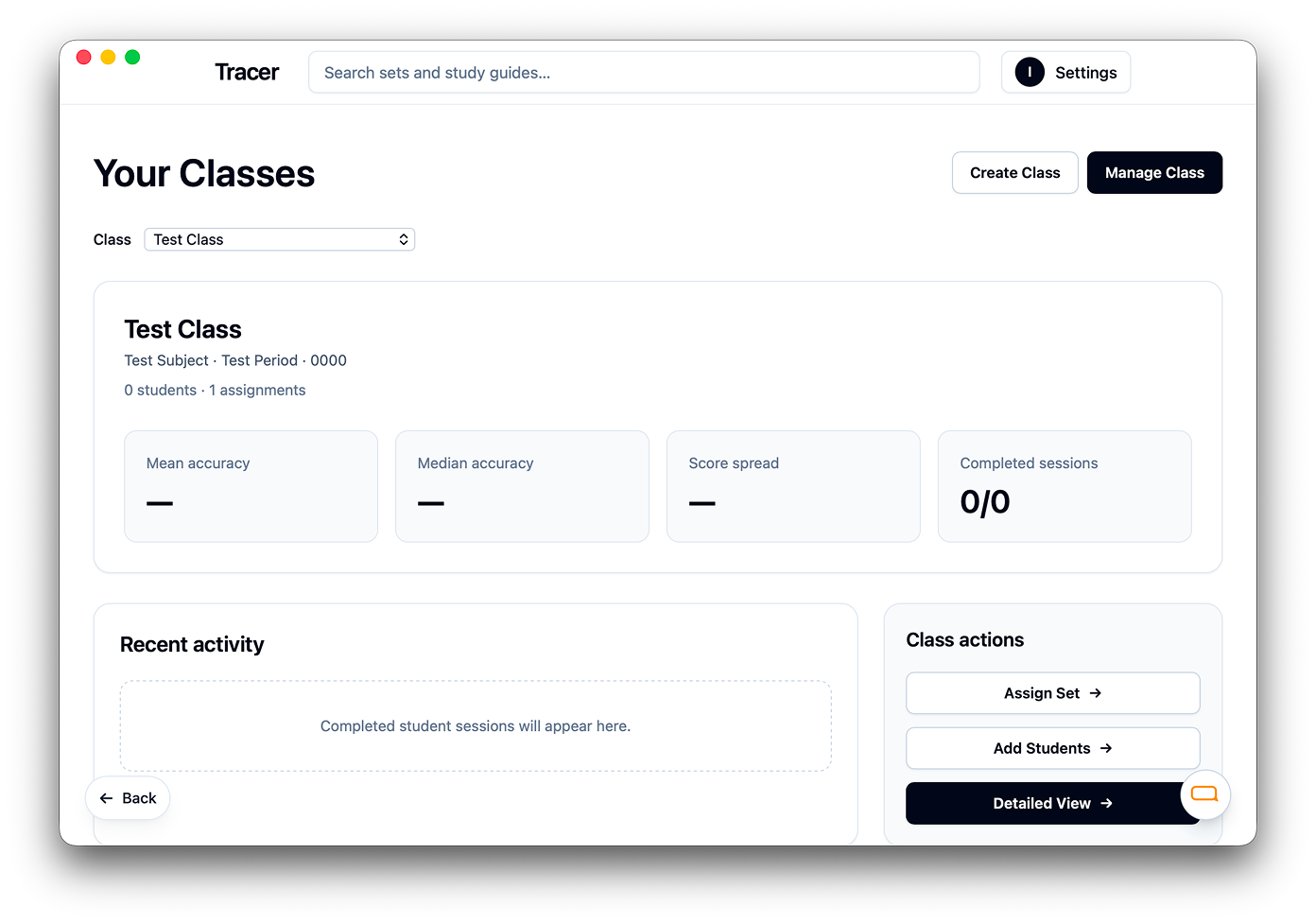Tracer teacher dashboard showing class performance, recent activity, and class actions